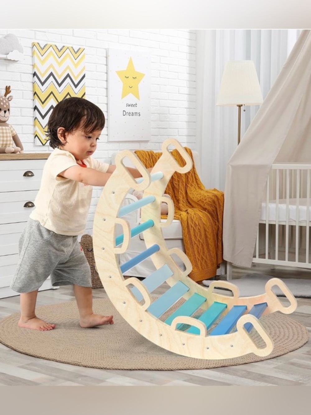 Bluewood Montessori/Waldorf-inspired Wooden Ladder Climbing Rocker Arch